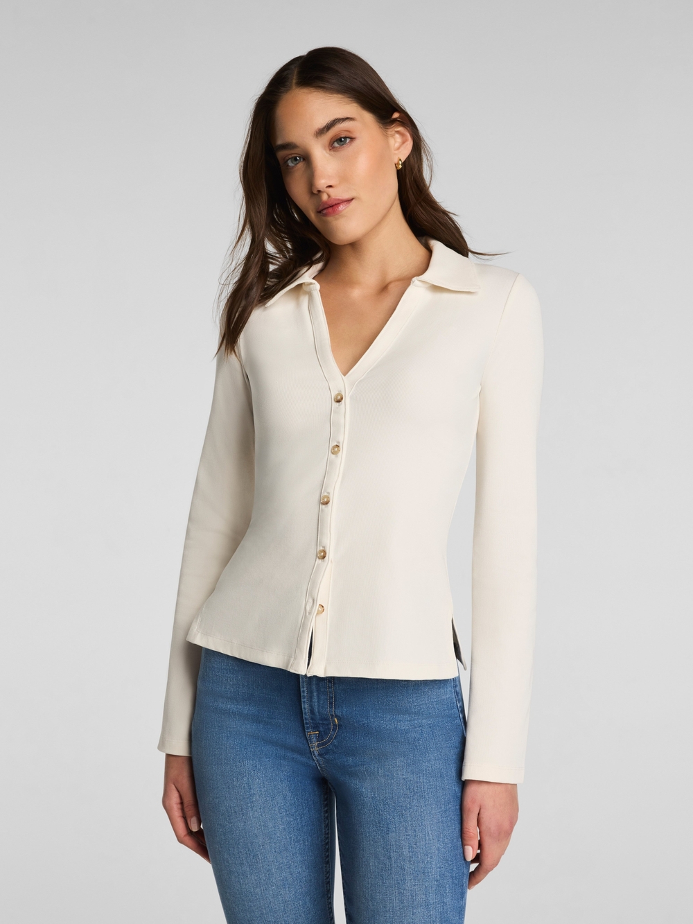SPANX Cream Button-Front Long Sleeve Ribbed Shirt SzM Gentle Used